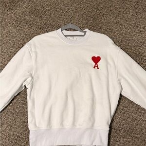 Ami White Crewneck Sweater with Red Heart